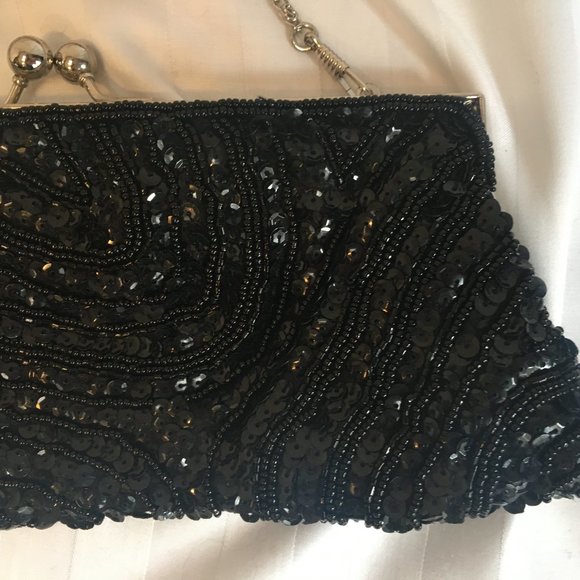 RACHEL Hand Beaded Clutch Purse Evening Bag Sequins Beads Cocktail Grad Black - Picture 3 of 11